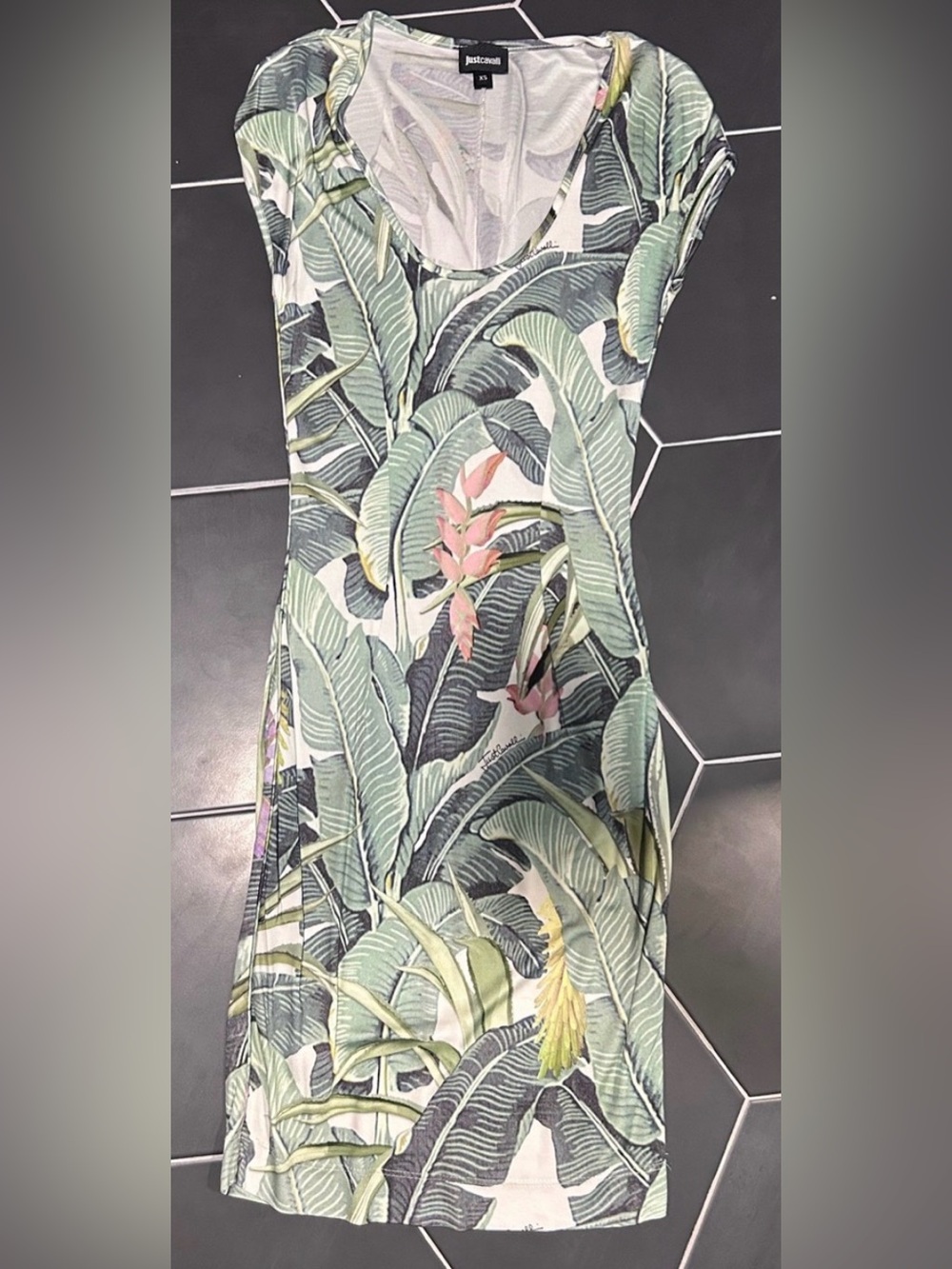 Just Cavalli Green Palm-Print Midi Dress with Pink Accents